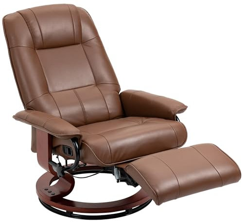 HOMCOM 360° Swivel Recliner Chair with Footstool, Manual Recliner Armchair with Wooden Base, Faux Leather Upholstered Reclining Chair for Living Room, Bedroom, Office, Brown