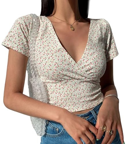 EMOTTOS Damen Sexy Floral Tops, Y2K Slim Fit V-Ausschnitt Cross Wrap Shirts, Weiches Crop Top mit Kurzarm Shirt, Mode Skinny Y2K Tee Shirt(Weiß, M)