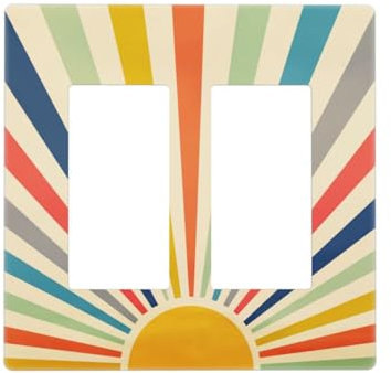 Retro Vintage Hippie Rainbow Boho 70s Mid Century Sun Abstract Sunrise 2 Gang Screwless Double GFCI Decorador/Rocker Outlet Interruptor de luz Cubierta decorativa de doble dispositivo Receptáculo