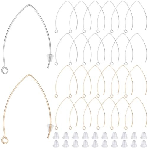 SOFPLATE 1 Box 40Pcs Drop Earring Hooks Stainless Steel Earring Wires Gold Marquise V Hooks with Ear Nut and Loop Long Dangle Silver Earwire Findings for Jewellery Making Supplies DIY Beginner