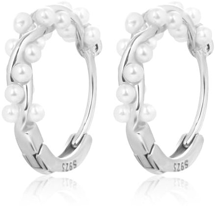 Perlen Creolen für Damen, S925-Sterlingsilber Gedreht Huggie-Creolen kleine Perle Statement Creolen Mode Charm Schmuck Geschenk für Frauen Mädchen Hochzeit Braut (Silber)