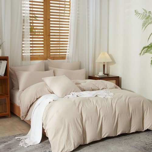 Gezu Bettwäsche Baumwolle 135x200cm 2 teilig Creme Beige Bettwäsche-Set aus 100% Baumwolle Leinen Modernität Bettbezug Halbleinen Bequem Atmungsaktiv mit 1Kissenbezug 80x80cm mit Reißverschluss