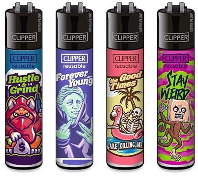 Clipper® 4er Set Mix Slogan #8 Feuerzeuge + 1 Sticker High Zombie