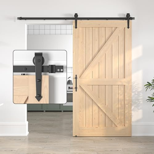 SANKEYTEW 8FT/244CM Sliding Door Kit Without Door - Single Wood Barn Door Sliding Kit - Heavy Duty Steel Sliding Door Track - Arrow Shaped Black