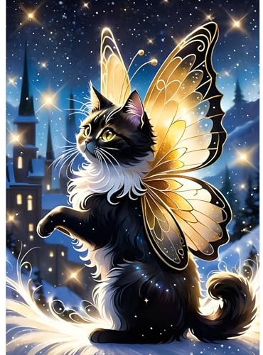 DPHERO DIY Schwarze Katze Diamant Painting Bilder für Erwachsene Anfänger,5D Kätzchen Diamond Painting Set,DIY Schmetterling Runde Steine Diamant Kunst Kits, Diamant Painting für Zuhause Dekor 30x40cm