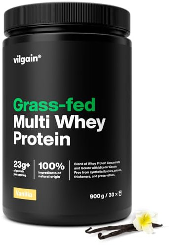 Vilgain Grass-Fed Multi Whey Protein-77% whey Concentrate, Isolate and Casein, Works Immediately After Training and in case of prolonged Protein Deficiency (900g, Vanilla)