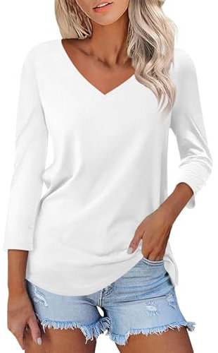 Camiseta de manga larga para mujer, cuello de pico, color negro, de algodón, de manga corta, camiseta larga, camiseta gráfica, larga, túnica, para adolescentes, niñas, holgada, básica, Blanco, XL