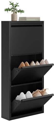 WOLTU Schuhschrank, mit 3 Klappen, Schuhregal, Schuhkipper, für 9 Paar Schuhe, aus Metall, für Flur Wohnzimmer, 50x106x15 cm, Schwarz