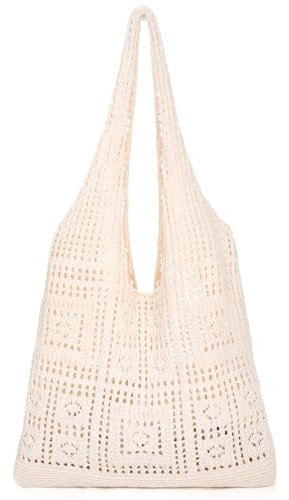 JasGood Strandtasche Damen Gestrickte Tasche Beach Tote Bag Sommer Boho Strick Shopper Tasche mit Cute Herzmuster Umhängetasche Schultertasche für Frauen,Beige