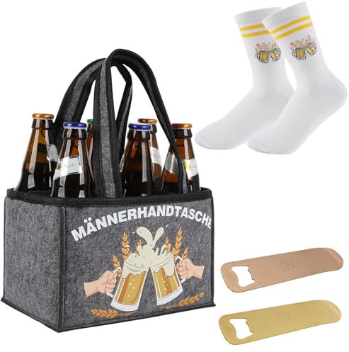 XIAZHDZ Männerhandtasche Bier Geschenkset – Lustige Filztasche für 6 Bierflaschen mit Flaschenöffner & Bier-Socken – Perfekte Bier Geschenke für Männer zum Vatertag, Geburtstag, Bierfest