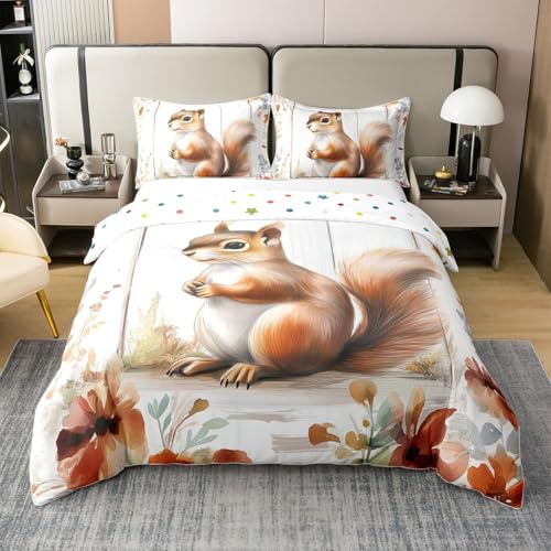Homewish Eichhörnchen Bettwäsche 135X200 Baumwolle Kinder, Schönes Eichhörnchen Bettbezug Niedlich Für Mädchen Jungen, Botanische Blume Pflanze Bett Set, Mit 1 Kissenbezug Holzbrett Dekor, Weiche
