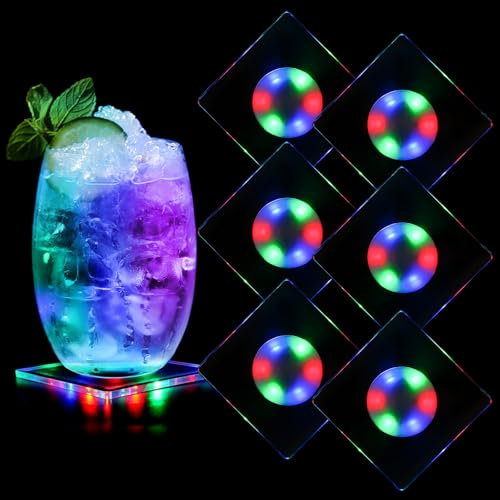 Viitech 6er Quadratisch Bunt LED Untersetzer für Getränke, 10cm 3 Beleuchtungsmodi Leuchtende Untersetzer, Acryl Untersetzer Leuchtende für Gläser Flaschen Partys Hochzeiten Bar Weihnachten