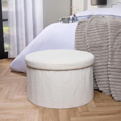 OHS Boucle Round Ottoman Storage Box, Modern Upholstered White Storage Ottoman Footrest with Hidden Storage For Living Room Bedroom or Entryway, Extra Large