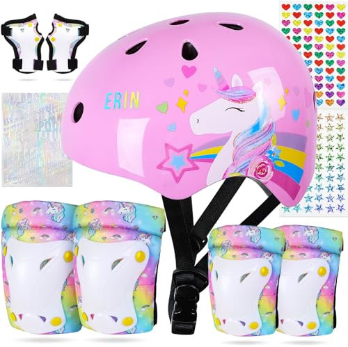 Kinderhelm für 3-8 Jahre,Unicorn Castle Schoner Set Verstellbarer Kinder Helm 7-in-1-Helm-Set, Knie Handgelenk und Ellbogenschützer für Skateboard, Skaten, Roller, Fahrrad