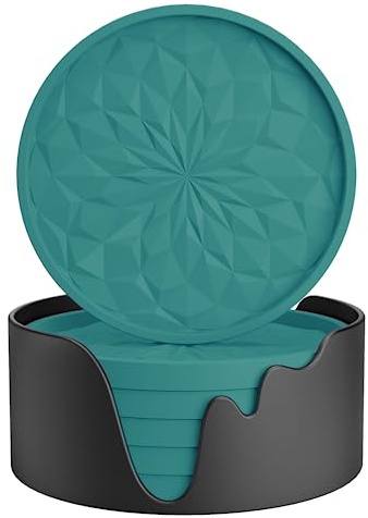 STLIAN Lot de 6 dessous de verre en silicone avec support, sous-verres pour boissons chaudes ou froides, épais, antidérapant, antidérapant, plateau profond, bleu sarcelle