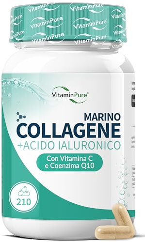 Collagene Marino con Acido Ialuronico, 210 Capsule - VitaminPure | Fino a 3 Mesi di Fornitura con Vitamina C e Coenzima Q10, Prodotto in Italia