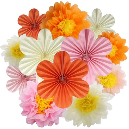 BestoFun 12er Set Papier Blumenfächer & Papierblumen Pompons Beige Orange Rosa Hängende Girlande Dekoration für Hochzeit Geburtstagsfeier Gartenparty Tischdeko