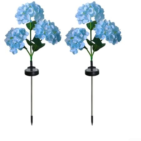 Solar-Gartenleuchten, 2 Stück, solarbetrieben, künstliche Blumenlichter, 3 Köpfe, bunte Hortensien-Lampen für den Außenbereich, Gartendekoration (blau)