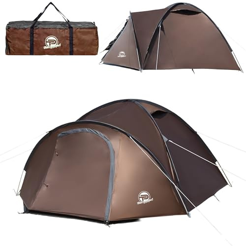 Campingzelt 3-4 Personen (doppelwandig) – leicht, stabil, wasserdicht | verdunkelter Innenraum, Moskitonetz, Fluoreszierende Abspannleine, verstärkte Heringe, Vorraum mit Bodenplane inkl. Tragetasche