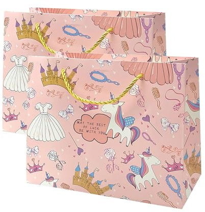 FOSDICK Papiertüten mit Henkel, 2 Stück Geschenktüten Kindergeburtstage, Einhorn Geschenktüten Klein, Papiertüten Bunt, Geburtstagstüten, Geschenke Tüten für Geschenken, Hochzeit, Party, 25x20x12cm