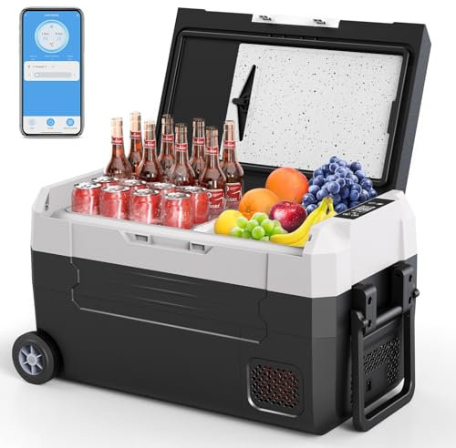 HCALORY 35L Dual-Zone Tragbarer Kompressor Kühlbox Mit Rollen & Schneidebrett – Elektrisch (-20°C Bis +20°C), 12V/24V/230V + Trennwand & Bluetooth-App Für Camping/Reisen