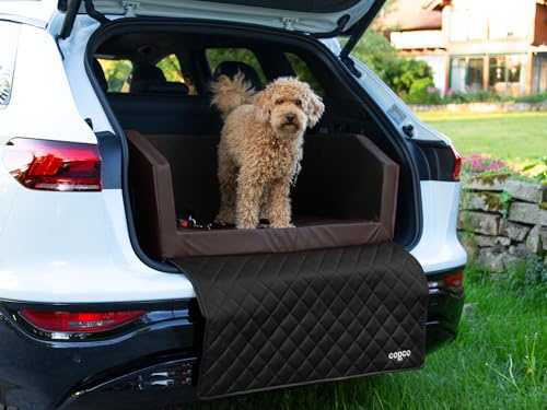 Hundebox Auto Kofferraumschutz Hund mit ladekantenschutz Kofferraum【Mit Tasche】 Kofferraum schutzmatte herausnehmbar - Hunde Autositz mit Anschnallsystem, hundetransportbox 110x90x38cm Braun/Schwarz