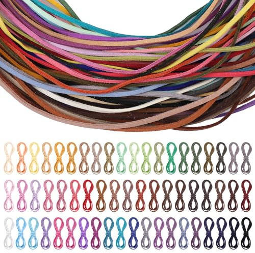 60 Farben 60 m Lederband, 1 m x 2 mm Lederbänder Ketten Vintage Lederschnur Reißfest Flach Lederriemen Lederschnur für Armband, Halskette, Handgemachte Handwerk, DIY Schmuck, Anhänger
