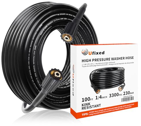 1/4 Pressure Washer Hose 25FT 3300 PSI, Ufixed Power Washer Hose Brass Fitting M22 14MM Non Marking High Pressure Washer Replacement Hose Light Weight Water Pressure Hose