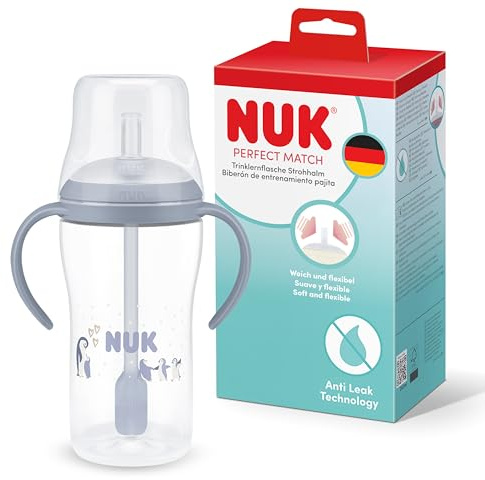 NUK Perfect Match Trinklernflasche mit Strohhalm | 8+ Monate | 260 ml | Auslaufsicherer Baby-Strohhalmbecher | Rutschfeste Griffe | Blau | 1 Stück
