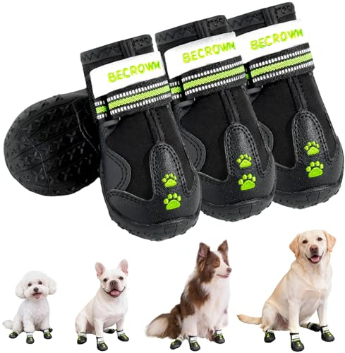 BECROWM wasserdichte Hundefüße - rutschfeste Hundeschuhe mit Pfotenstickerei & Reflektorenriemen, für Regen-/Schnee-/Schlammtage, Outdoor-Spaziergänge (Schwarz, #6 (Breite 7cm) für 25-30kg)