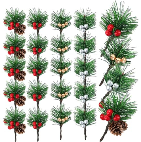 RXKFIGX 24 Pezzi Rami di Pino Artificiale di Natale, Rami di Abete Artificiali con Bacche e pigne, Agrifoglio Artificiali, Rami di Bacche Pigne per Decorazione Natalizia Ghirlande Floreali