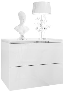 Lookway Nachttisch Aurora II Silver Weiß Hochglanz mit LED – Hängend oder auf Silberfüßen – Modernes Schlafzimmermöbel mit Dekorleiste (Hängend)