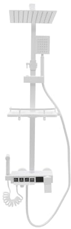 Weiß LED Piano Keys Brausegarnitur, Brausegarnitur mit 4 Auslässen,Edelstahl Duschsystem mit Duschregal,Verstellbares Design,Ablagekorb & Plattform,Langer Schlauch,Wabenförmiger Sprudler, auf Hotels,