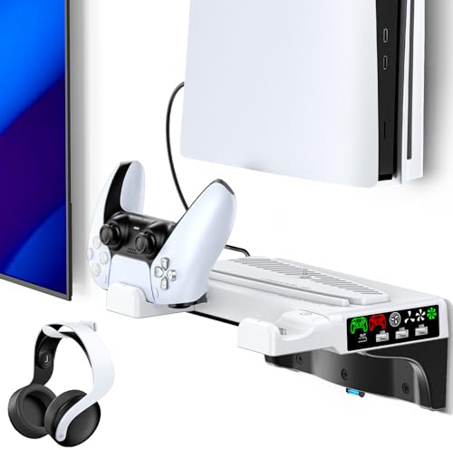 PS5 Wandhalterung mit 2.5 Studen Schnelle PS 5 Controller Ladestation, PS5 Wall Mount für PS 5/Slim/Pro Disc & Digital Konsolen, 2 PS 5 Lüfter mit 3 Geschwindigkeiten, Playstation 5 Gaming Zubehör