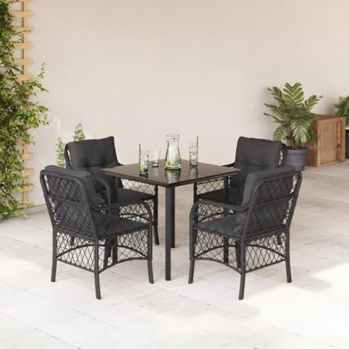Mandloder 5-TLG. Garten-Essgruppe Schwarz aus UV-beständigem Poly Rattan mit Kissen, 80x80cm Tisch & 4 Stühlen, für Terrasse, Balkon, Essbereich im Freien