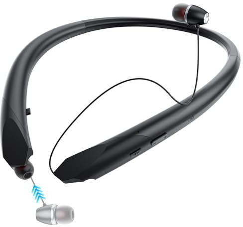 LHKLUK Neckband Bluetooth Headphones Retractable, Wireless Headset with Mic, IPX5 Sweatproof Earphones, 22H Playtime & Dual Connectivity for Sports Running Workouts (Black)
