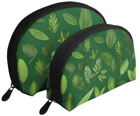 Portable 2 Piece Herb Plant Leaves Print Clutch Pouch Set-Travel Makeup Bags and Storage Organizer for Women