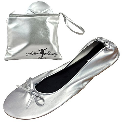 After Party Pumps® Silver Screen Size UK 3-4 Ladies Roll Up Shoes Fold Up Pumps Foldable with Carrier Pouch