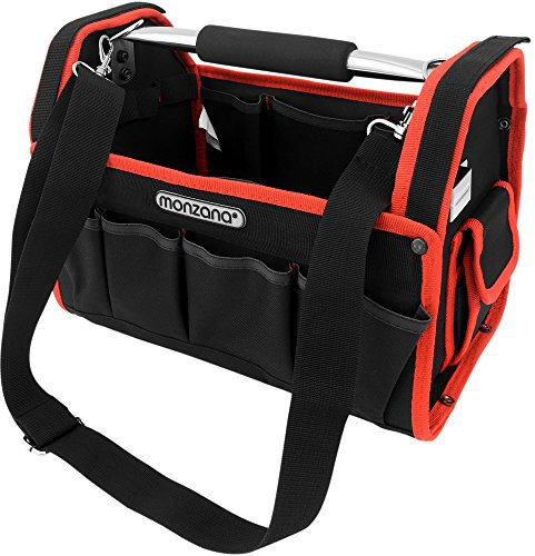 MONZANA® Werkzeugtasche L 33cm mit verstellbarem Schultergurt stabile Tragestange 8 Innen und 13 Außentaschen Montagetasche Werkzeugbox Werkzeugkasten