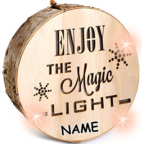 alles-meine.de GmbH 3 Stück LICHT & Deko - Holzstämme - LED - Enjoy The Magic Light - incl. Name - Holzscheiben - Batterie betrieben - rund - Ø 23 cm - Dekolicht - zum Aufh..