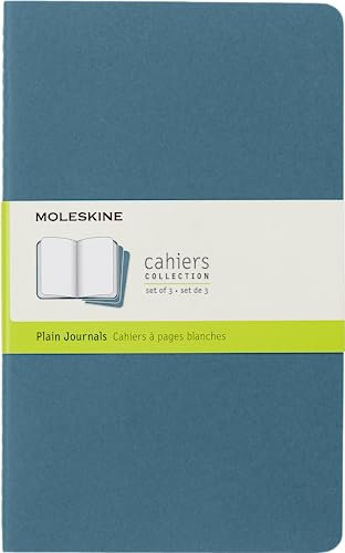 Moleskine Cahier Journal, Set 3 Notebooks with Plain Pages, Cardboard Cover with Visible Cotton Stiching, Colour Brisk Blue, Large 13 x 21 cm, 80 Pages