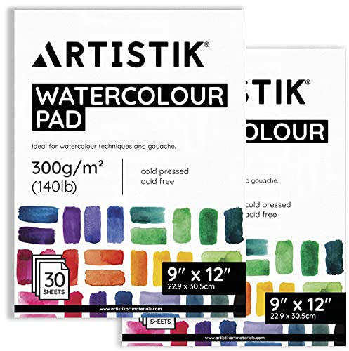 ARTISTIK 12 x 9 Watercolor Pad for Mixed Media Art and Water-Based Mediums – 300gsm(140lb) Acid-Free Cold Pressed Watercolor Paper Pad – 30 Sheets/Pack of 2