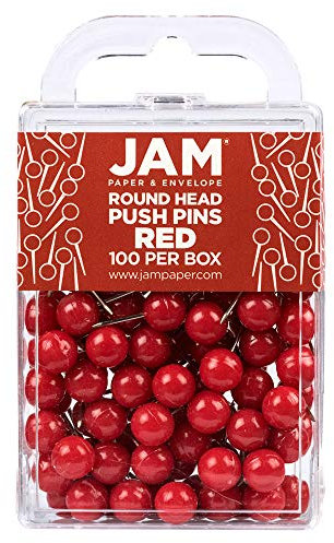 JAM PAPER Colorful Push Pins - Round Head Map Thumb Tacks - Red Pushpins - 100/Pack
