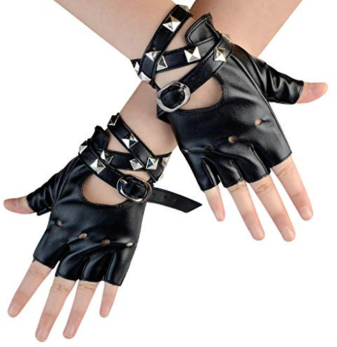 Damen Punk-Nieten Halbfinger PU Leder Performance Kostüm Fingerlose Handschuhe, Schwarz, Medium