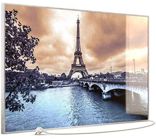 STEINFELD Heizsysteme® Elektroheizung Glas Bild Infrarotheizung mit TS11 WiFi Thermostat | Made in Germany | Motive 027 Eiffelturm (900 Watt, silber/Alu)