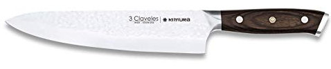 3 Claveles Cuchillo cocinero profesional 28079, Cuchillos cocina forjado con hoja martilleada acero inoxidable con mango de madera, Marrón, 20 cm