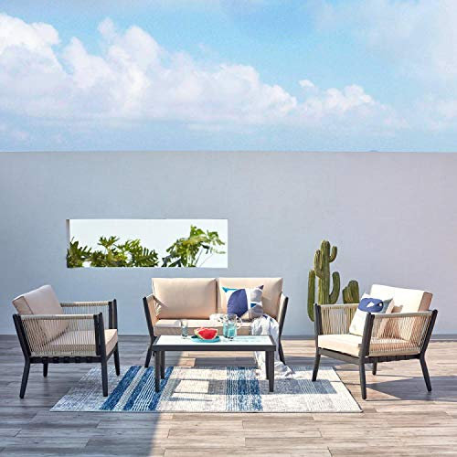 CONCEPT USINE | Salon de Jardin Alu et Corde 4 Places | Design ANAHMA Ecru/Noir | Léger et Robuste | Plateau de Table en Verre Trempé | Tendance et Moderne | Résistant Face aux Intempéries