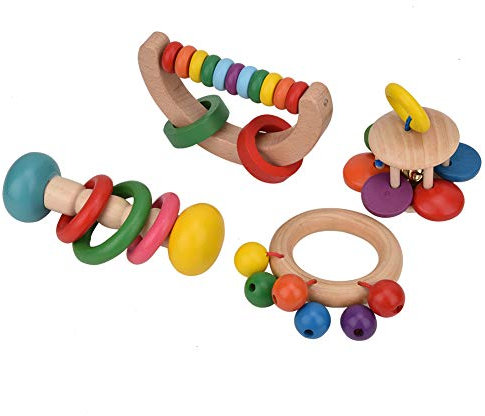 Baby Rassel Beißring Spielzeug,4PCS Naturholz Rasseln & Greiflinge Musikinstrument Frühpädagogisches Lernspielzeug für Neugeborene 3+ Jahr