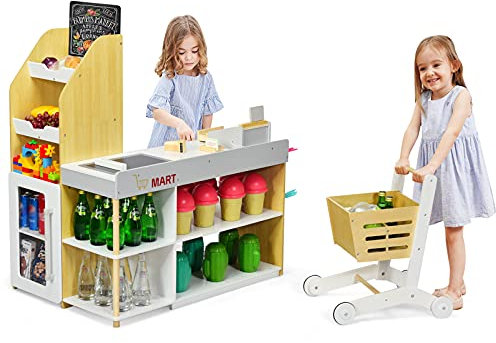 RELAX4LIFE Supermarkt mit Einkaufswagen, inkl. Tafel & Registrierkasse, Spielzeug als Kassierer, Kassenspielset mit Scanner & Kartenlesegerät & 5 Holzmünzen, Rollenspielzeug für Kinder ab 3 Jahren