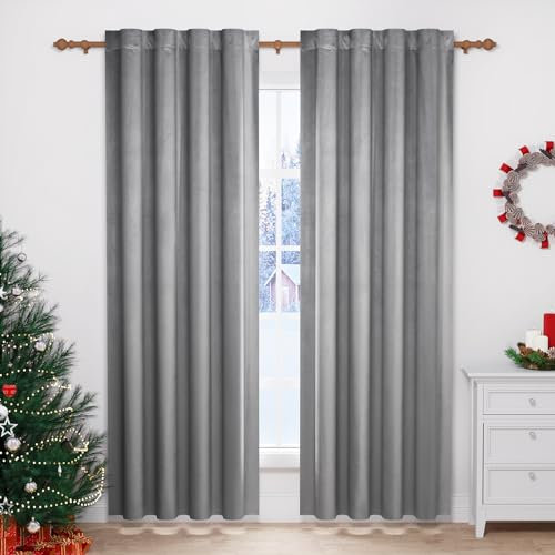 WOLTU 2 Stücke Samtvorhänge, für Schlafzimmer Wohnzimmer, Verdunklungsvorhang mit Kräuselband Thermogardine, 300 g/m² Schwere Samtige, 140 x 245 cm, Mittelgrau